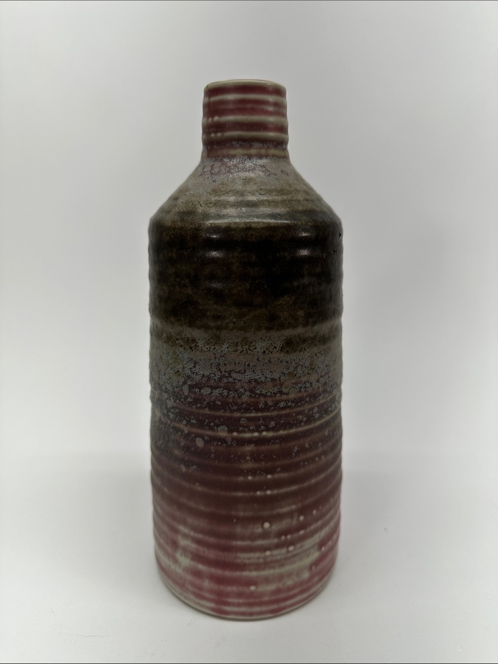 Handmade studio art pottery Ceramic Bottle Vase in Burgundy and Olive